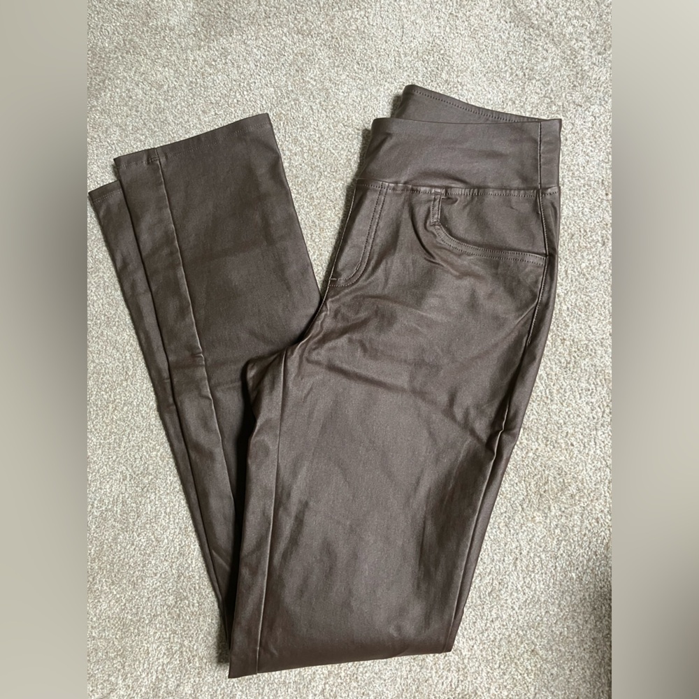 BELLE by KIM GRAVEL brown faux leather slacks pants pull on straight leg 6 - Picture 3 of 12